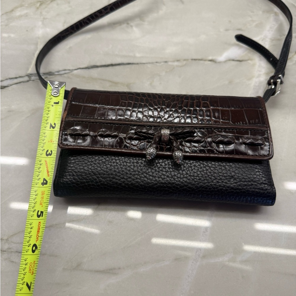 Brighton Black and Brown Textured wallet with Crossbody strap.